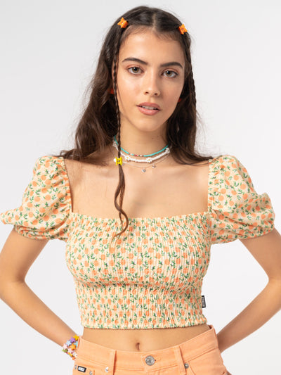 Fresh Oranges Shirred Puff Sleeve Top - Minga London