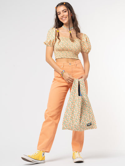 Fresh Oranges Shirred Puff Sleeve Top - Minga London