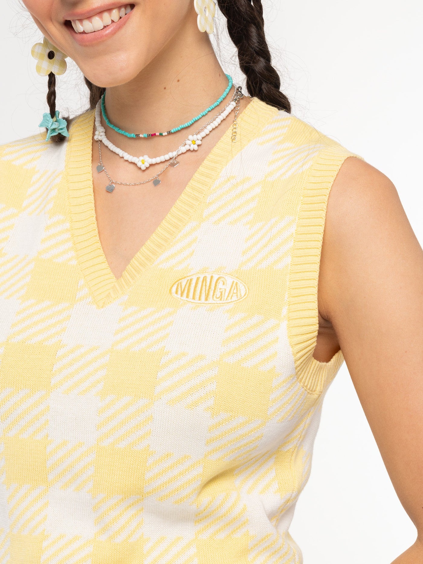 Yellow Check Knitted Sweater Vest - Minga London