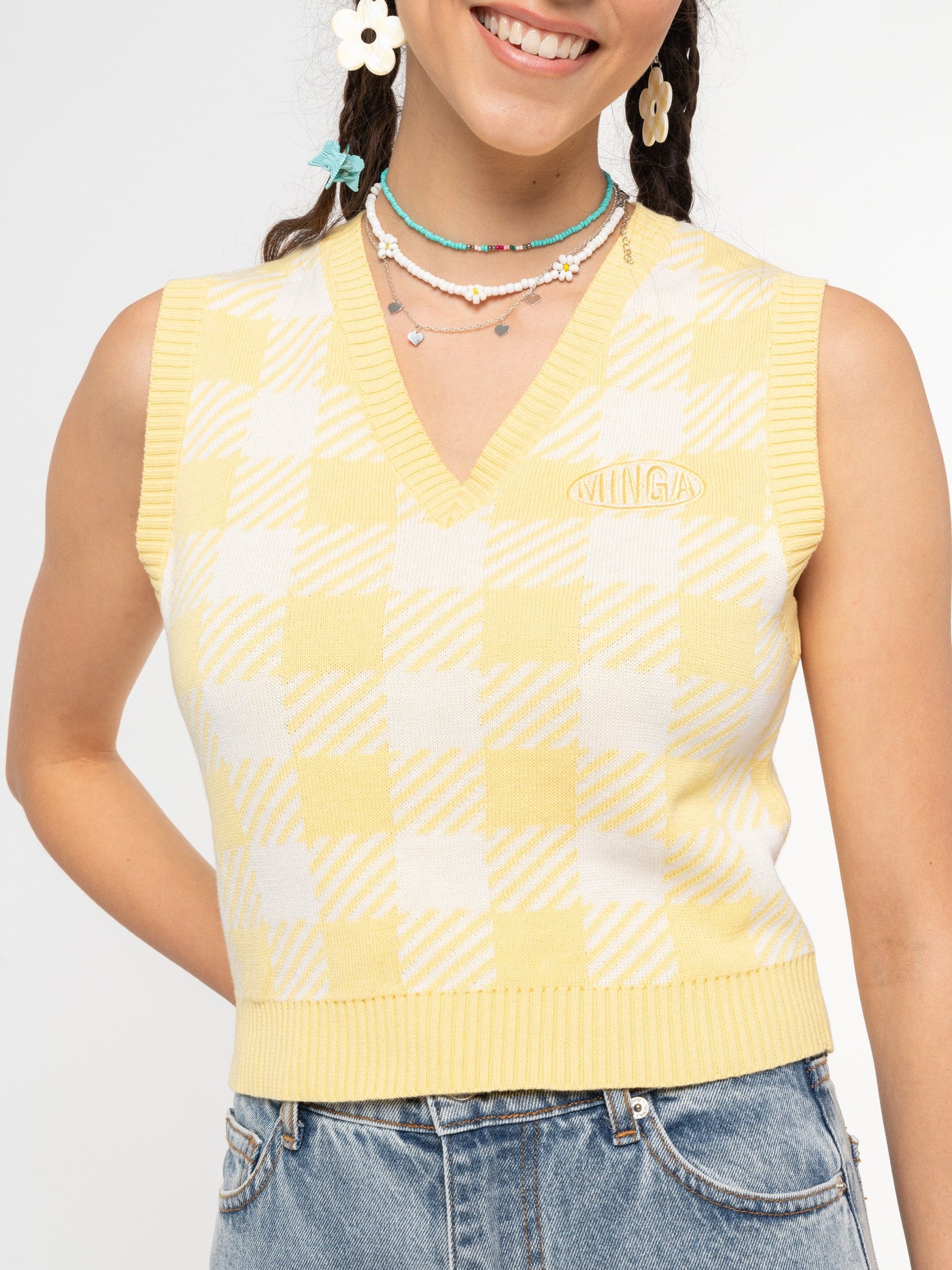 Yellow Check Knitted Sweater Vest - Minga London