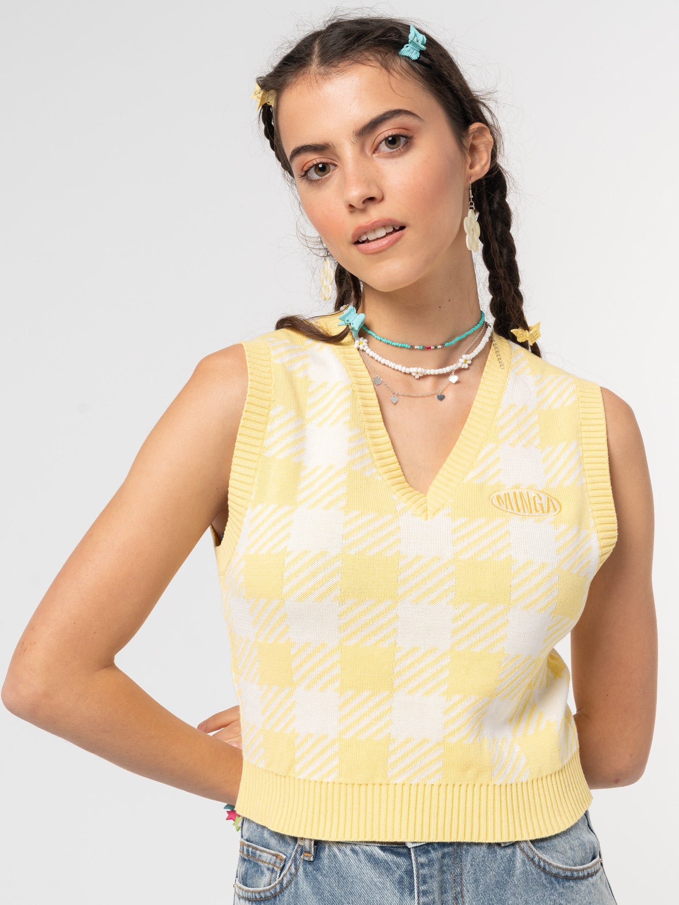 Yellow Check Knitted Sweater Vest - Minga London