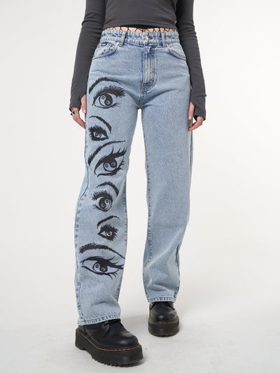 Yin Yang Eyes Printed Loose Fit Straight Leg Jeans - Minga London