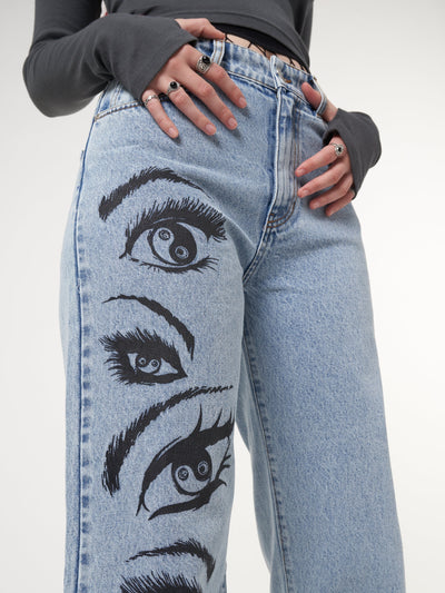 Yin Yang Eyes Printed Loose Fit Straight Leg Jeans - Minga London