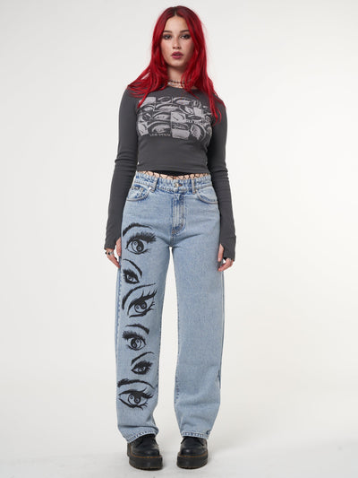 Yin Yang Eyes Printed Loose Fit Straight Leg Jeans - Minga London