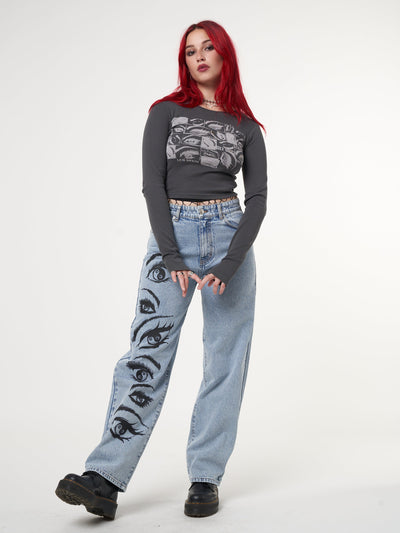 Yin Yang Eyes Printed Loose Fit Straight Leg Jeans - Minga London