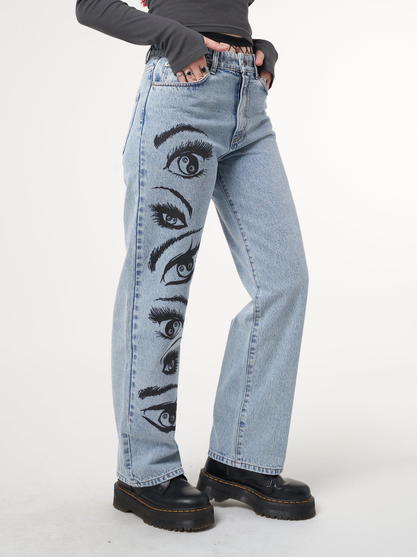 Yin Yang Eyes Printed Loose Fit Straight Leg Jeans - Minga London