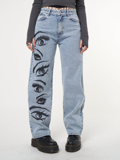 Yin Yang Eyes Printed Loose Fit Straight Leg Jeans - Minga London