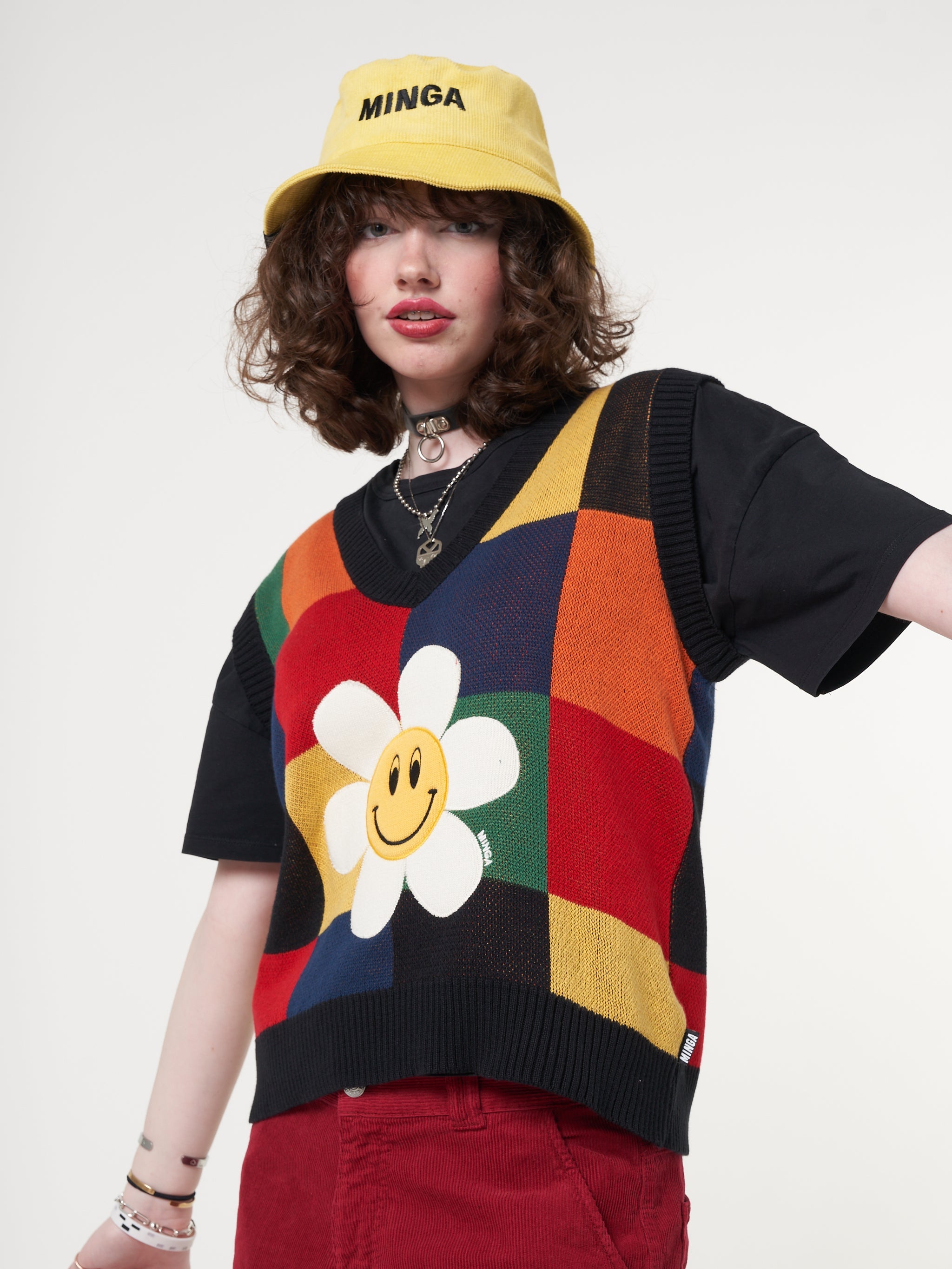 Minga x Strangervinyl Happy Flower Rainbow Check Vest - Minga London