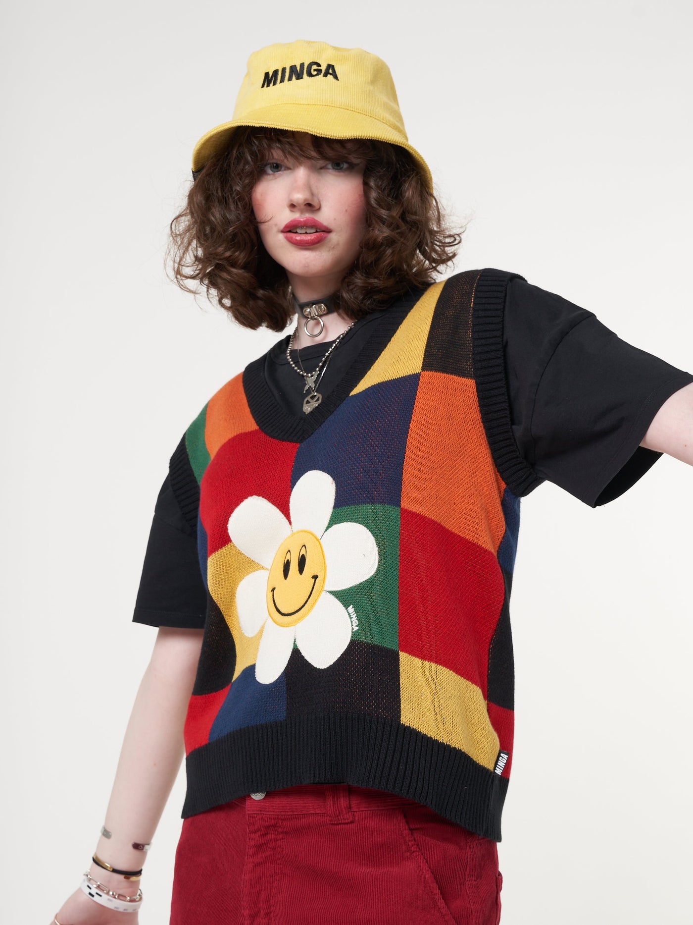 Minga x Strangervinyl Happy Flower Rainbow Check Vest - Minga London