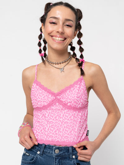 Pink Leopard Lace Trim Cami Top - Minga London