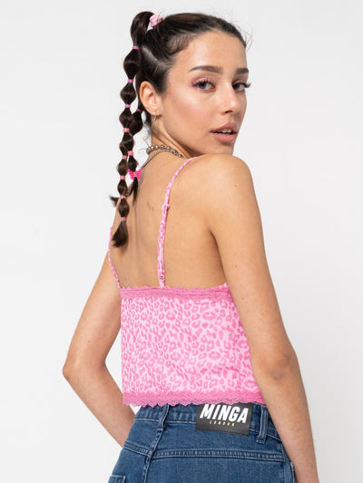 Pink Leopard Lace Trim Cami Top - Minga London