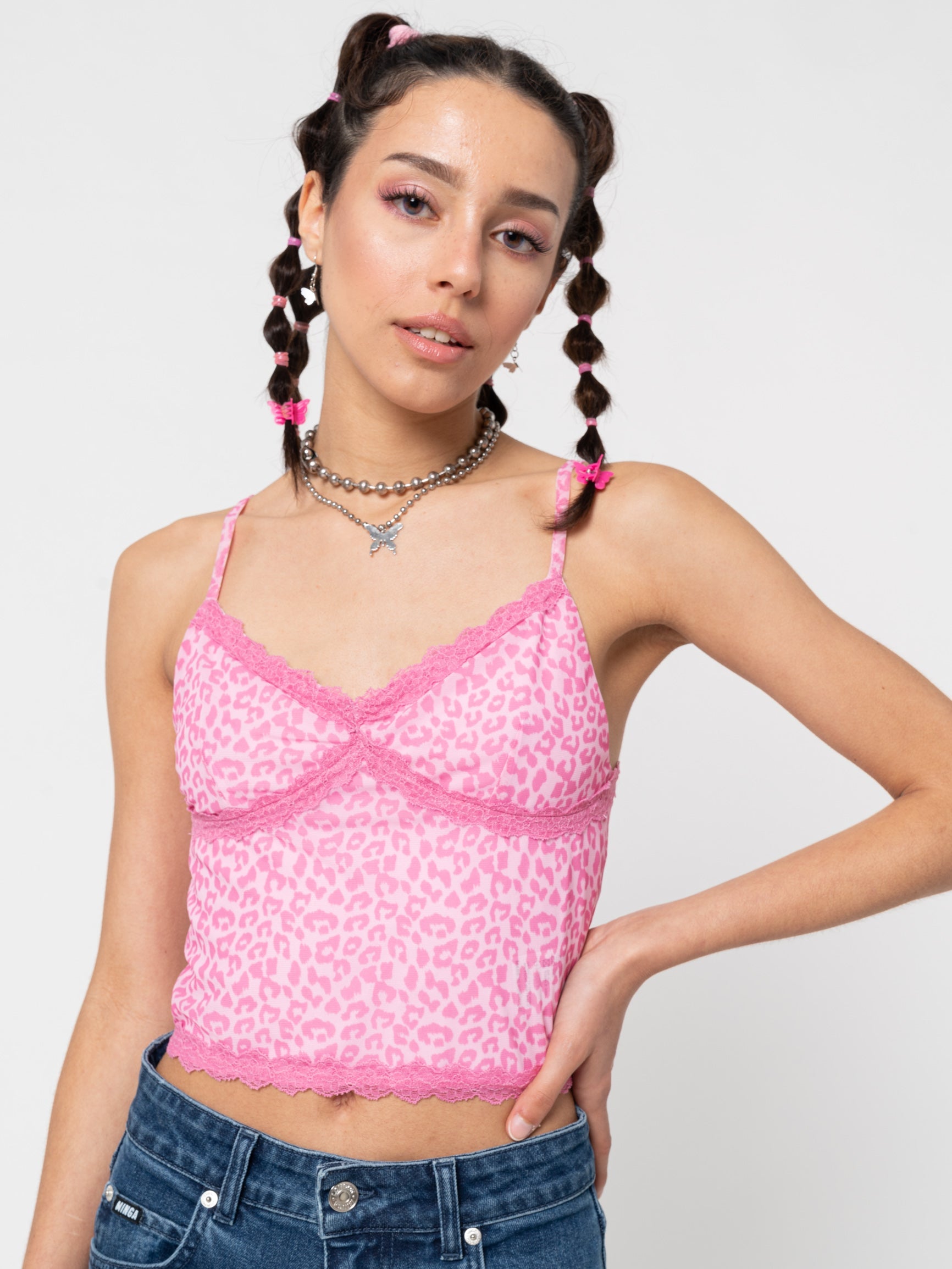 Pink Leopard Lace Trim Cami Top - Minga London