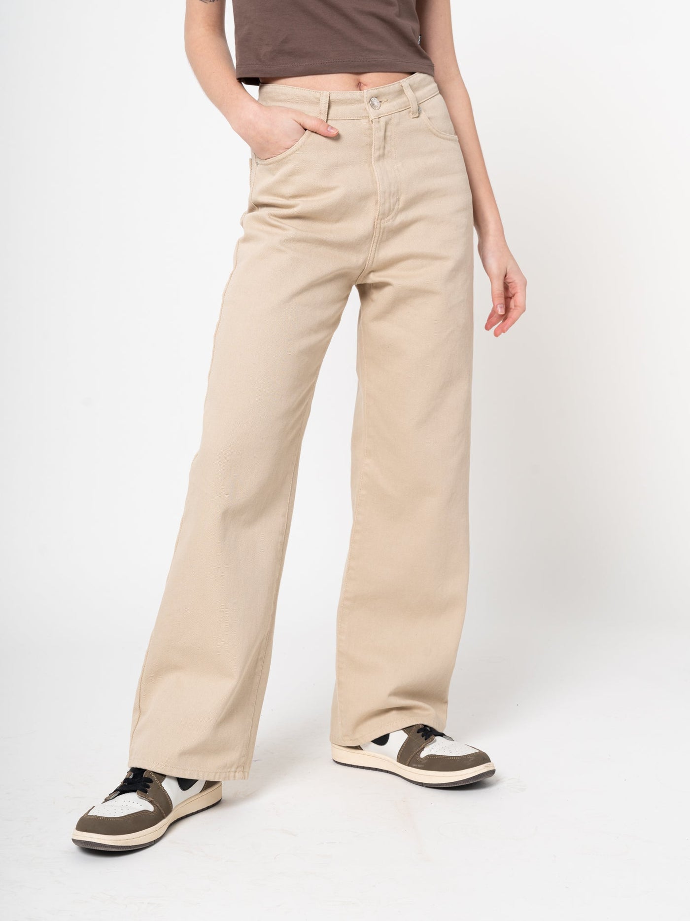 Sand Beige Wide Leg Trousers - Minga London