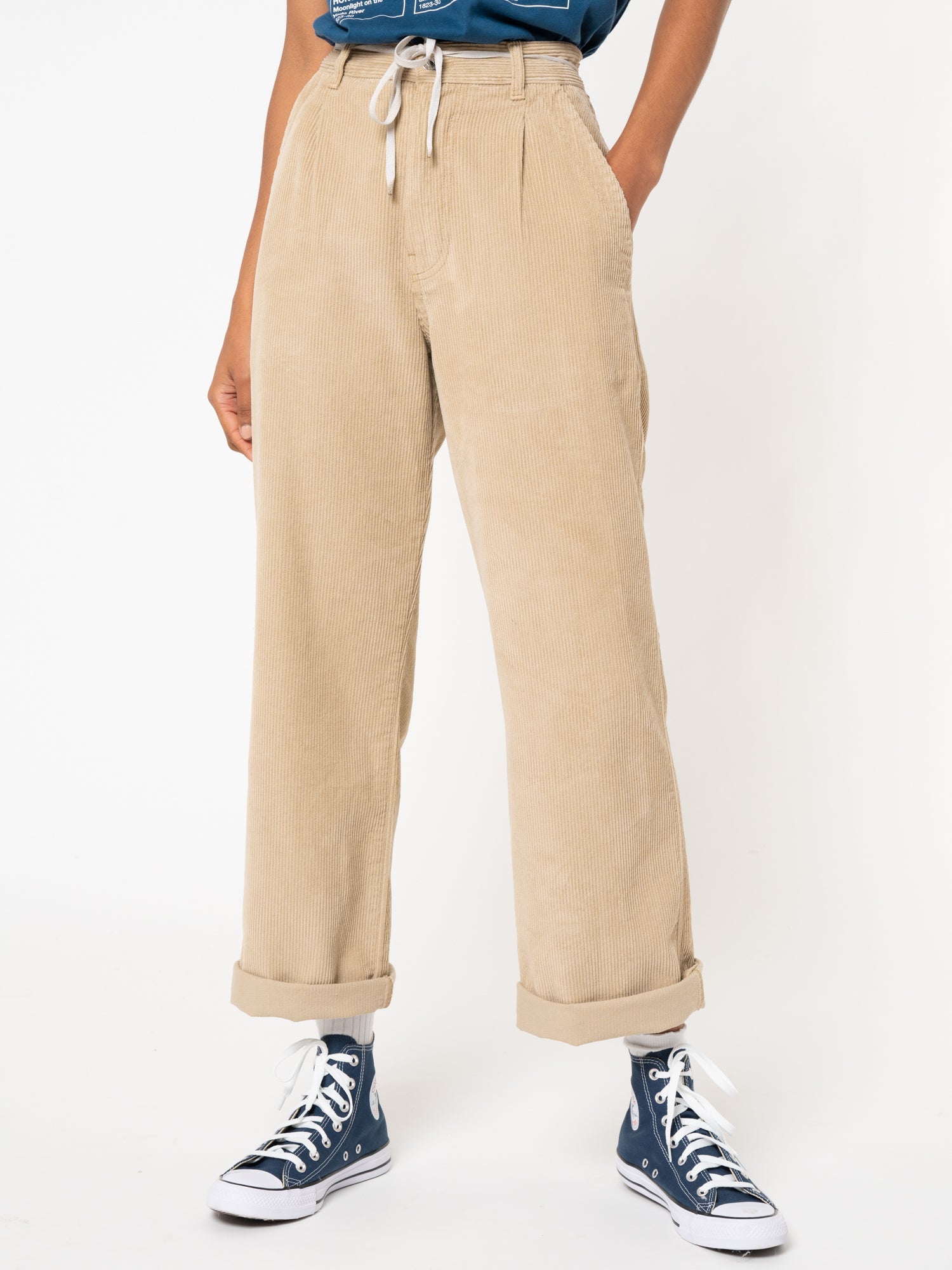 Wheat Beige Corduroy Pleated Trousers - Minga London