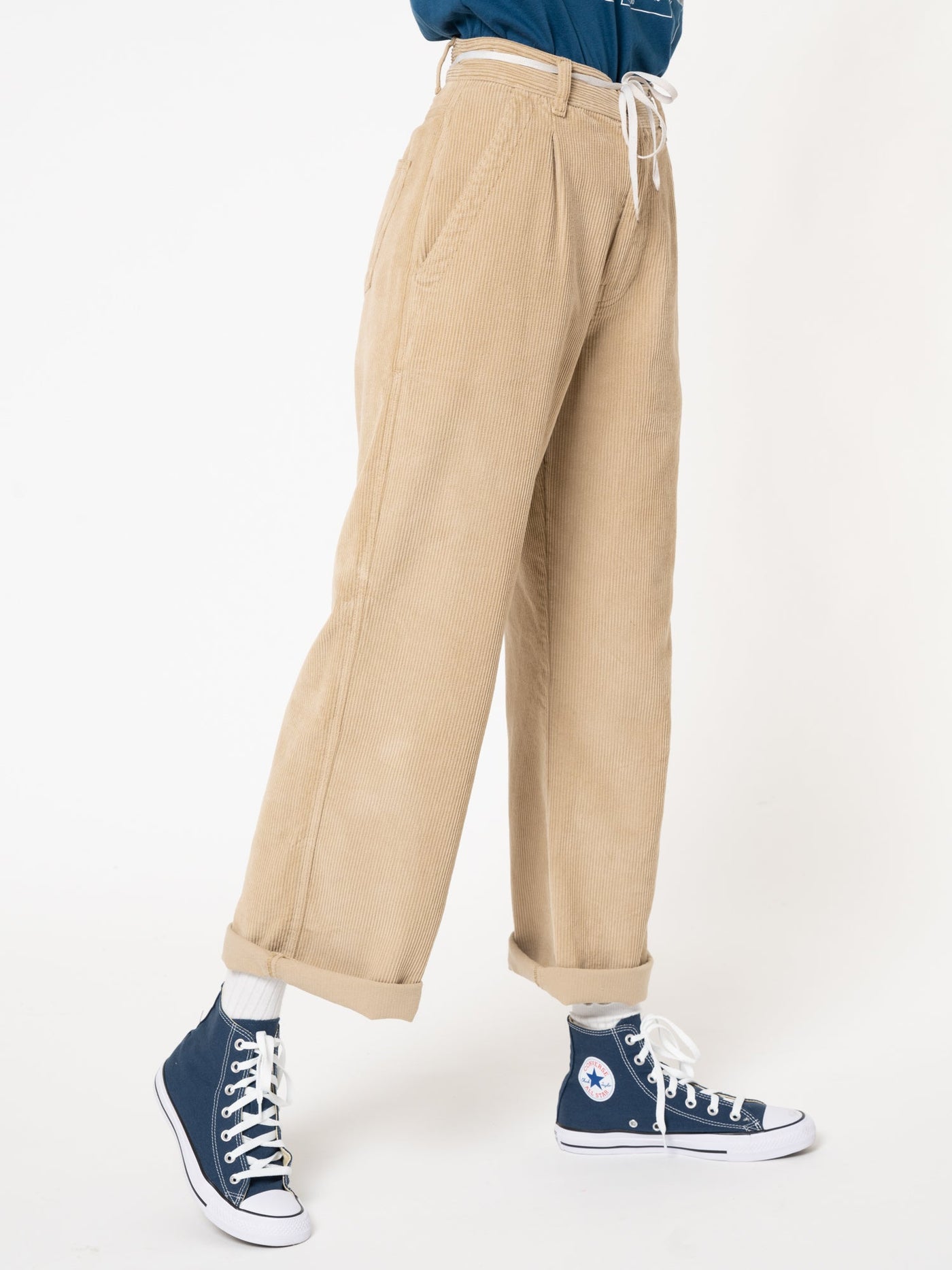 Wheat Beige Corduroy Pleated Trousers - Minga London