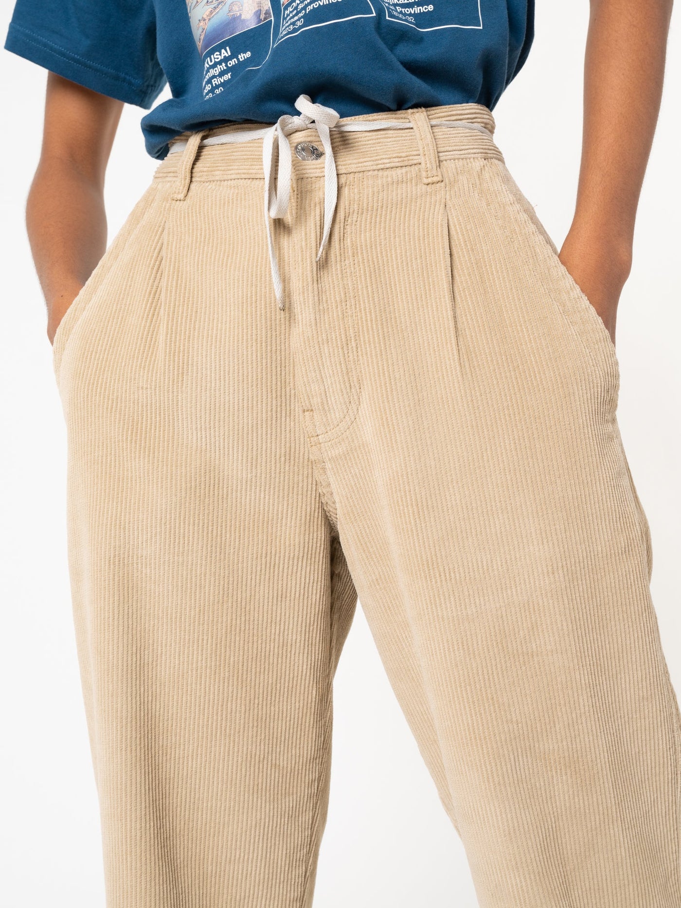 Wheat Beige Corduroy Pleated Trousers - Minga London