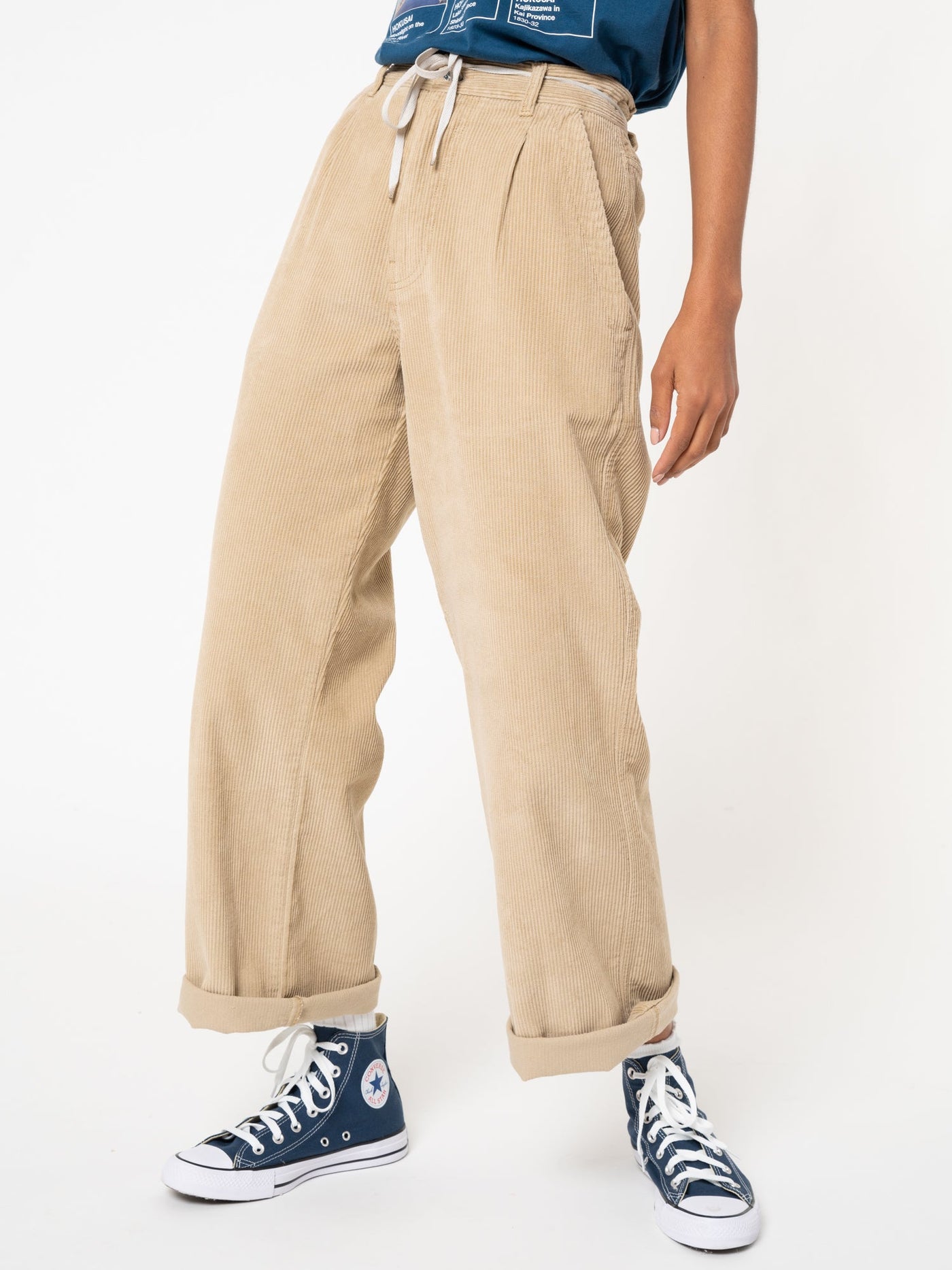 Wheat Beige Corduroy Pleated Trousers - Minga London