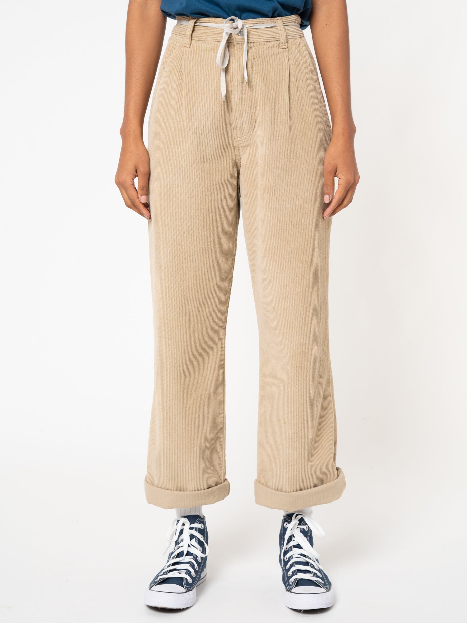 Wheat Beige Corduroy Pleated Trousers - Minga London
